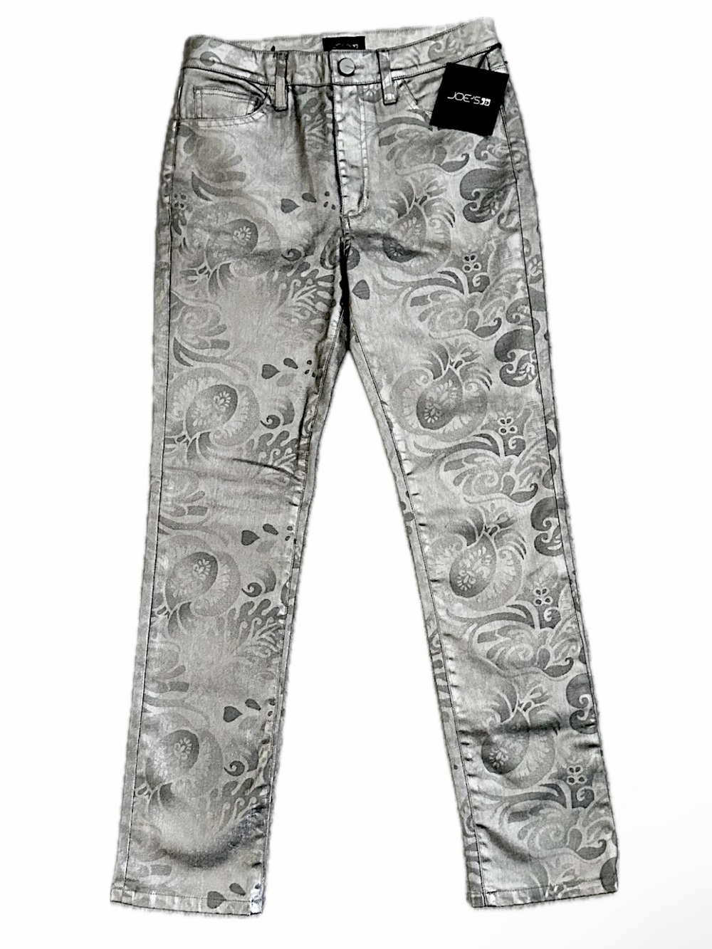 Joe's Jeans Barocco Cigarette Coated Jeans in Metallic Silver Floral Size 28
